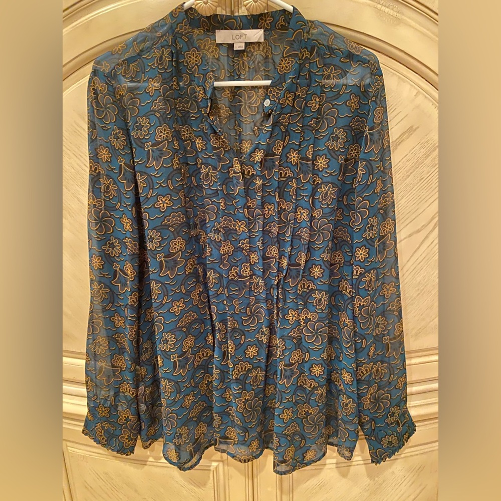 Ann Taylor LOFT teal with yellow floral see thru long sleeve shirt